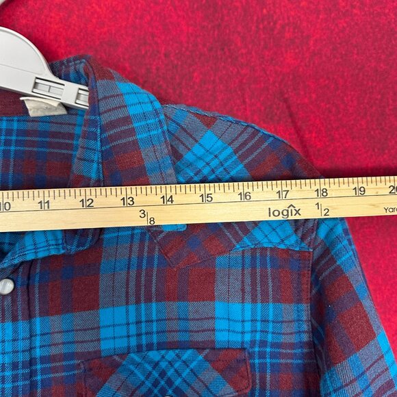 LEVI'S CLASSIC WESTERN FLANEL SHIRT, BLUE & RED PLAID PEARL SNAP BUTTONS SIZE L - Picture 8 of 11